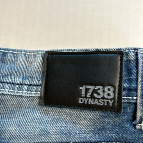 1738 Dynasty Blue Denim Distressed Embroidered Back Pocket Jeans. Size 36 - Picture 7 of 15